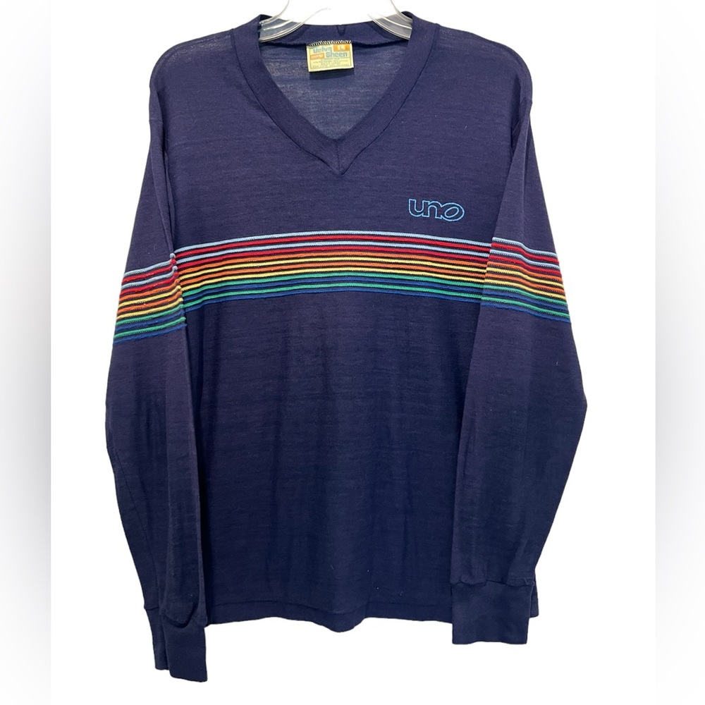 Vintage 70s Velva Sheen Sweater Navy Blue Rainbow UNO Very Lightweight V-Neck L